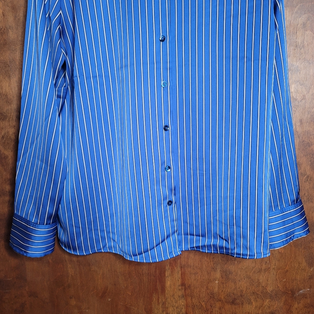 Jones and Co suiting stripe silky button up collared shirt blue black white XL - Picture 3 of 8
